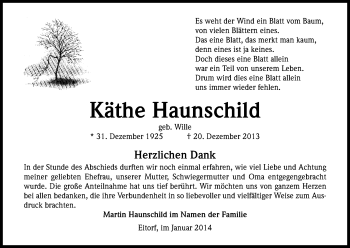 Anzeige von Käthe Haunschild von Kölner Stadt-Anzeiger / Kölnische Rundschau / Express