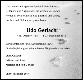 Anzeige von Udo Gerlach von Kölner Stadt-Anzeiger / Kölnische Rundschau / Express