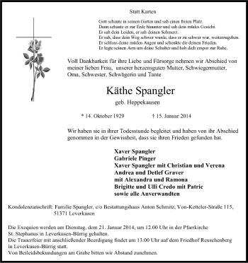 Anzeige von Käthe Spangler von Kölner Stadt-Anzeiger / Kölnische Rundschau / Express