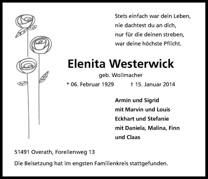 Traueranzeige für Elinita Westerwick vom 01.02.2014 aus Kölner Stadt-Anzeiger / Kölnische Rundschau / Express