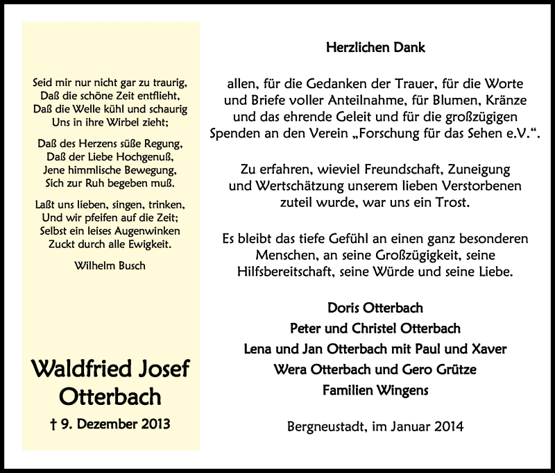  Traueranzeige für Waldfried Josef Otterbach vom 18.01.2014 aus Kölner Stadt-Anzeiger / Kölnische Rundschau / Express
