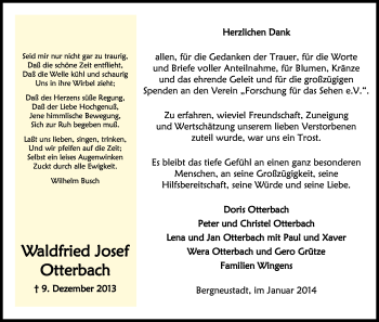 Anzeige von Waldfried Josef Otterbach von Kölner Stadt-Anzeiger / Kölnische Rundschau / Express
