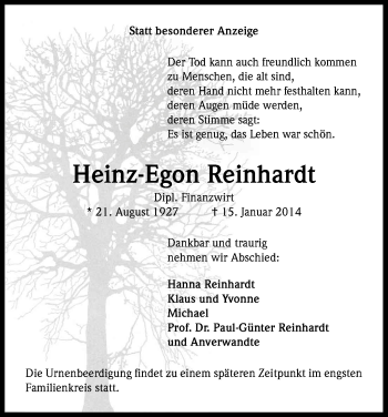 Anzeige von Heinz-Egon Reinhardt von Kölner Stadt-Anzeiger / Kölnische Rundschau / Express
