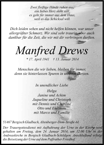 Anzeige von Manfred Drews von Kölner Stadt-Anzeiger / Kölnische Rundschau / Express