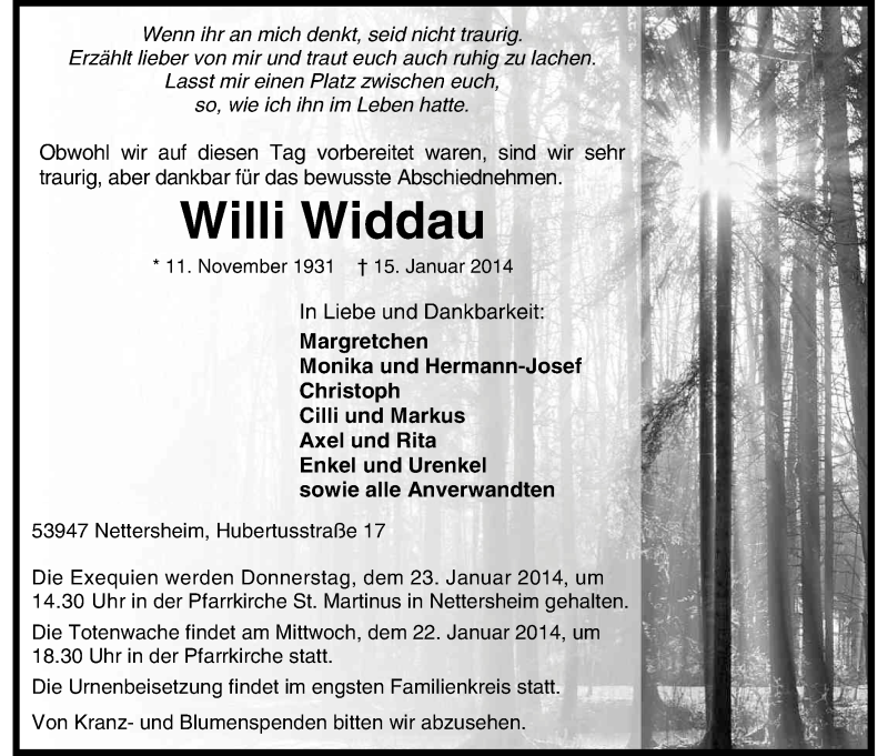  Traueranzeige für Willi Widdau vom 20.01.2014 aus Kölner Stadt-Anzeiger / Kölnische Rundschau / Express