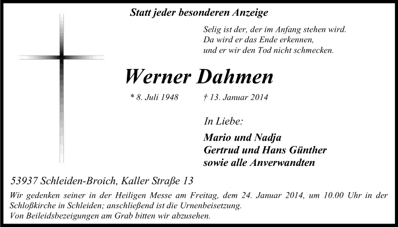  Traueranzeige für Werner Dahmen vom 18.01.2014 aus Kölner Stadt-Anzeiger / Kölnische Rundschau / Express