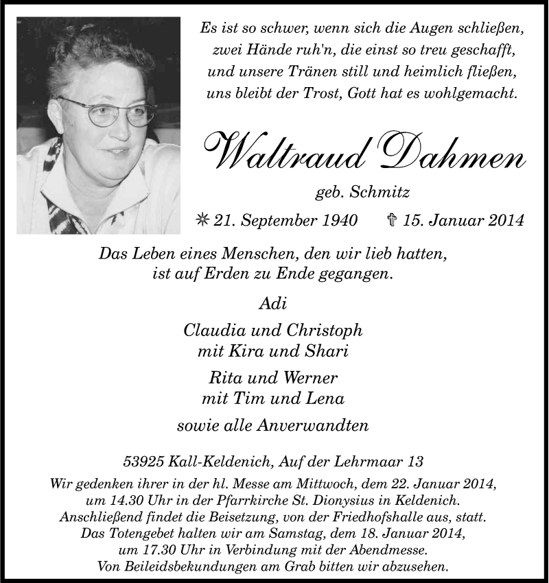  Traueranzeige für Waltraud Dahmen vom 18.01.2014 aus Kölner Stadt-Anzeiger / Kölnische Rundschau / Express