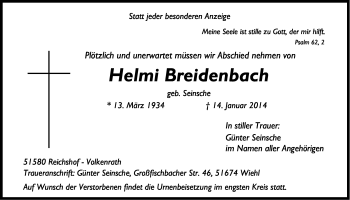 Anzeige von Helmi Breidenbach von Kölner Stadt-Anzeiger / Kölnische Rundschau / Express
