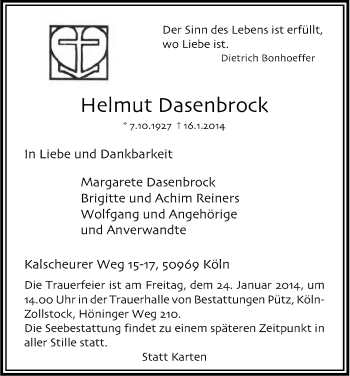 Anzeige von Helmut Dasenbrock von Kölner Stadt-Anzeiger / Kölnische Rundschau / Express