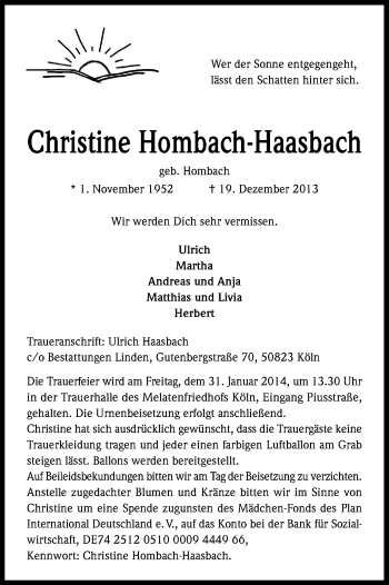 Anzeige von Christine Hombach-Haasbach von Kölner Stadt-Anzeiger / Kölnische Rundschau / Express