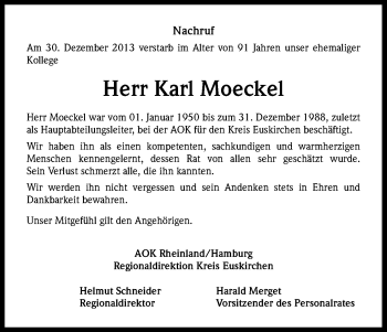 Anzeige von Karl Moeckel von Kölner Stadt-Anzeiger / Kölnische Rundschau / Express