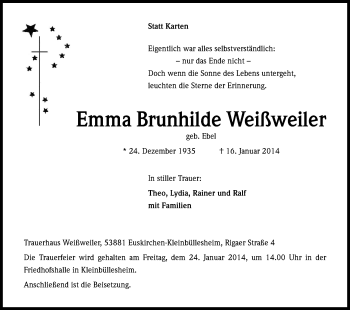 Anzeige von Emma Brunhilde Weißweiler von Kölner Stadt-Anzeiger / Kölnische Rundschau / Express