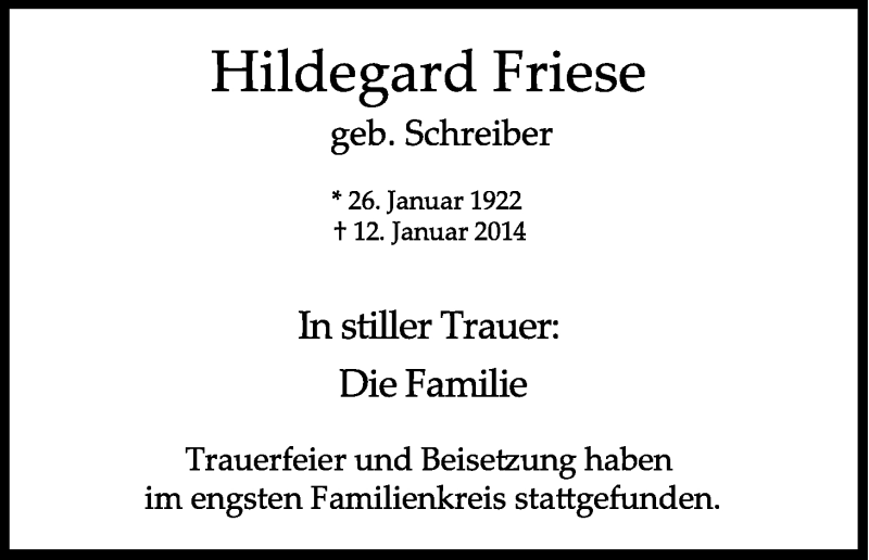  Traueranzeige für Hildegard Friese vom 25.01.2014 aus Kölner Stadt-Anzeiger / Kölnische Rundschau / Express