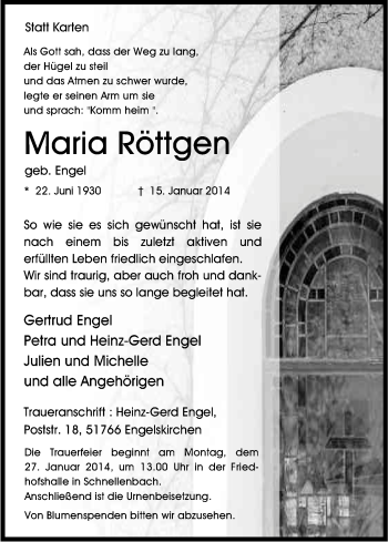 Anzeige von Maria Röttgen von Kölner Stadt-Anzeiger / Kölnische Rundschau / Express