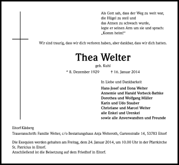 Anzeige von Thea Welter von Kölner Stadt-Anzeiger / Kölnische Rundschau / Express