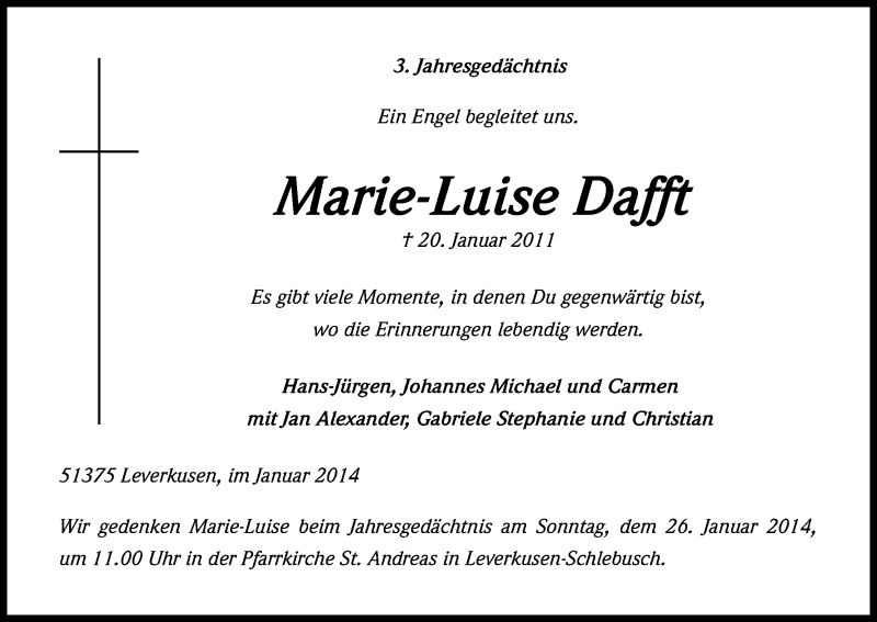  Traueranzeige für Marie-Luise Dafft vom 20.01.2014 aus Kölner Stadt-Anzeiger / Kölnische Rundschau / Express
