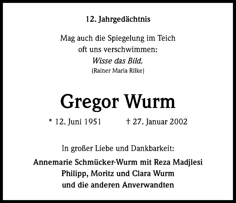  Traueranzeige für Gregor Wurm vom 25.01.2014 aus Kölner Stadt-Anzeiger / Kölnische Rundschau / Express