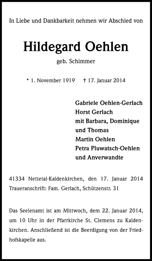  Traueranzeige für Hildegard Oehlen vom 20.01.2014 aus Kölner Stadt-Anzeiger / Kölnische Rundschau / Express