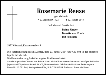 Anzeige von Rosemarie Reese von Kölner Stadt-Anzeiger / Kölnische Rundschau / Express