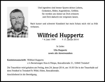 Anzeige von Wilfried Huppertz von Kölner Stadt-Anzeiger / Kölnische Rundschau / Express