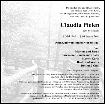 Anzeige von Claudia Pielen von Kölner Stadt-Anzeiger / Kölnische Rundschau / Express
