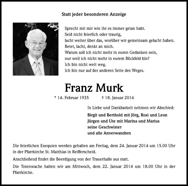  Traueranzeige für Franz Murk vom 21.01.2014 aus Kölner Stadt-Anzeiger / Kölnische Rundschau / Express
