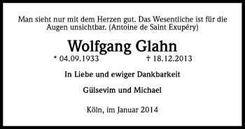 Anzeige von Wolfgang Glahn von Kölner Stadt-Anzeiger / Kölnische Rundschau / Express