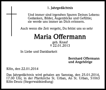 Anzeige von Maria Offermann von Kölner Stadt-Anzeiger / Kölnische Rundschau / Express