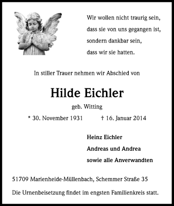 Anzeige von Hilde Eichler von Kölner Stadt-Anzeiger / Kölnische Rundschau / Express