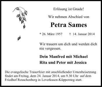Anzeige von Petra Sames von Kölner Stadt-Anzeiger / Kölnische Rundschau / Express