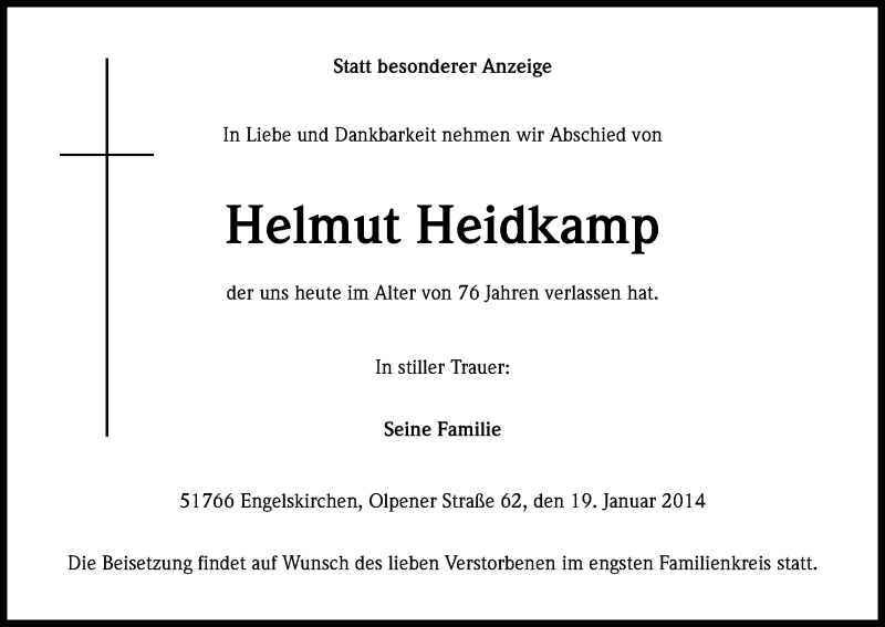  Traueranzeige für Helmut Heidkamp vom 21.01.2014 aus Kölner Stadt-Anzeiger / Kölnische Rundschau / Express
