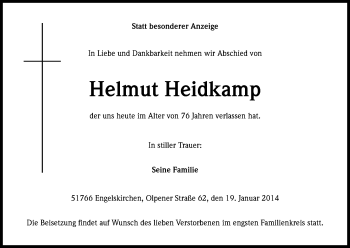 Anzeige von Helmut Heidkamp von Kölner Stadt-Anzeiger / Kölnische Rundschau / Express