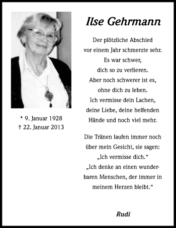 Anzeige von Ilse Gehrmann von Kölner Stadt-Anzeiger / Kölnische Rundschau / Express