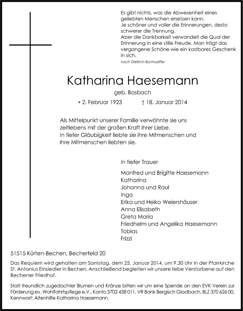  Traueranzeige für Katharina Haesemann vom 21.01.2014 aus Kölner Stadt-Anzeiger / Kölnische Rundschau / Express