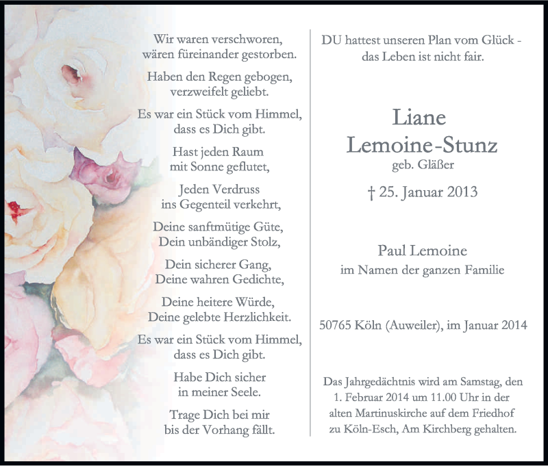  Traueranzeige für Liane Lemoine-Stunz vom 25.01.2014 aus Kölner Stadt-Anzeiger / Kölnische Rundschau / Express