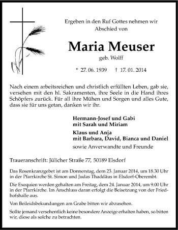 Anzeige von Maria Meuser von Kölner Stadt-Anzeiger / Kölnische Rundschau / Express