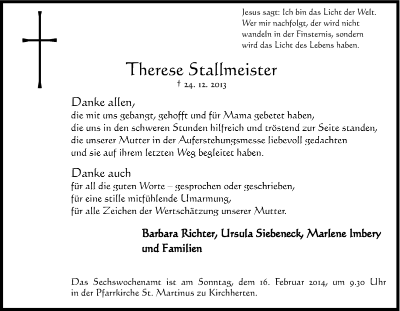  Traueranzeige für Therese Stallmeister vom 07.02.2014 aus Kölner Stadt-Anzeiger / Kölnische Rundschau / Express