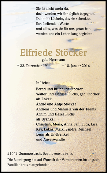 Anzeige von Elfriede Stöcker von Kölner Stadt-Anzeiger / Kölnische Rundschau / Express