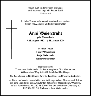 Anzeige von Anni Weierstrahs von Kölner Stadt-Anzeiger / Kölnische Rundschau / Express
