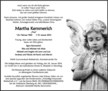 Anzeige von Martha Kemmerich von Kölner Stadt-Anzeiger / Kölnische Rundschau / Express