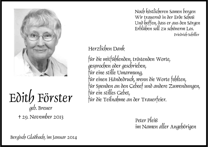  Traueranzeige für Edith Förster vom 22.01.2014 aus Kölner Stadt-Anzeiger / Kölnische Rundschau / Express