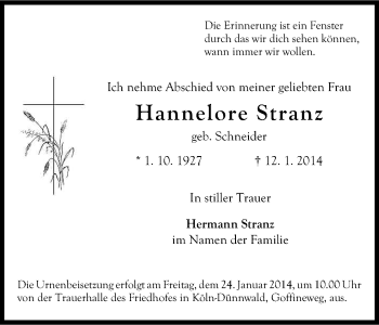 Anzeige von Hannelore Stranz von Kölner Stadt-Anzeiger / Kölnische Rundschau / Express