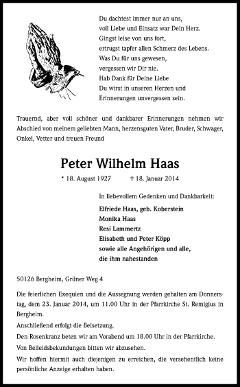 Anzeige von Peter Wilhelm Haas von Kölner Stadt-Anzeiger / Kölnische Rundschau / Express