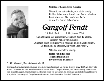 Anzeige von Gangolf Fendt von Kölner Stadt-Anzeiger / Kölnische Rundschau / Express