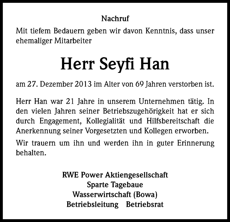  Traueranzeige für Seyfi Han vom 21.01.2014 aus Kölner Stadt-Anzeiger / Kölnische Rundschau / Express