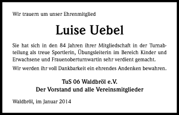 Anzeige von Luise Uebel von Kölner Stadt-Anzeiger / Kölnische Rundschau / Express