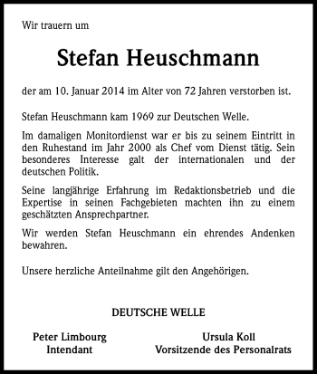 Anzeige von Stefan Heuschmann von Kölner Stadt-Anzeiger / Kölnische Rundschau / Express