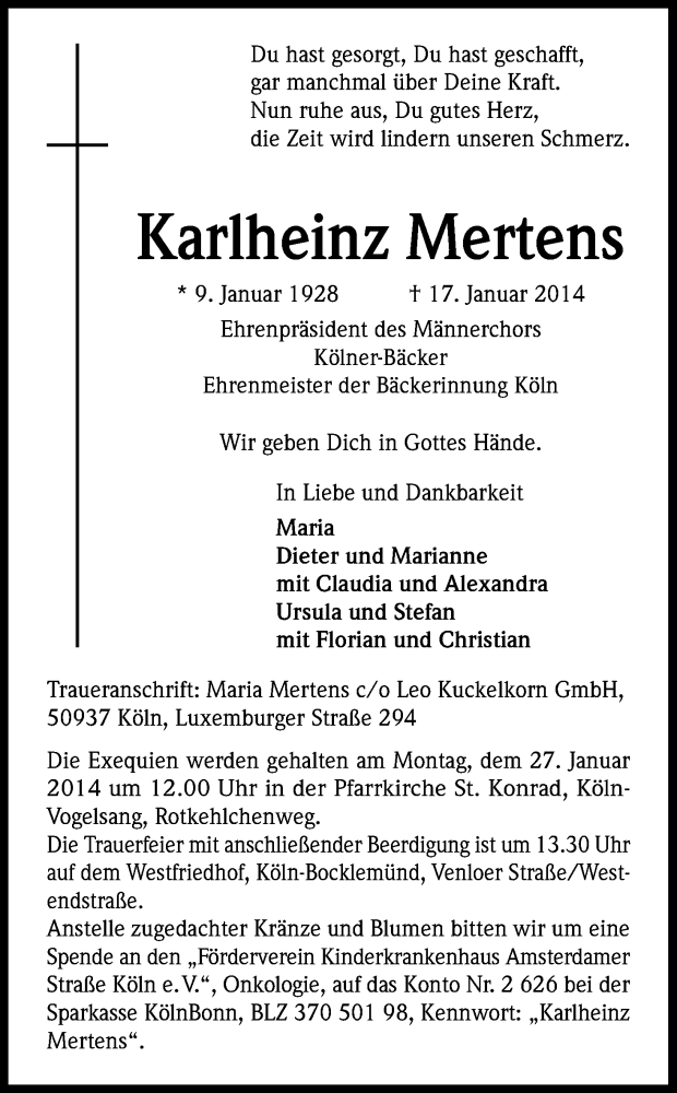  Traueranzeige für Karlheinz Mertens vom 22.01.2014 aus Kölner Stadt-Anzeiger / Kölnische Rundschau / Express