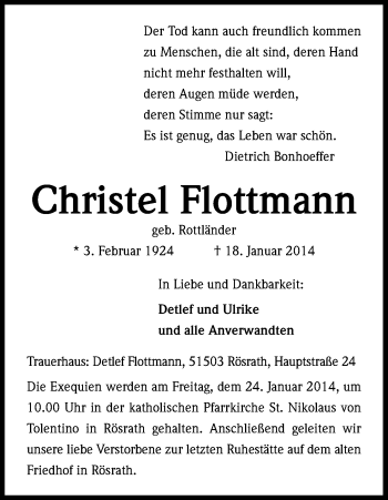 Anzeige von Christel Flottmann von Kölner Stadt-Anzeiger / Kölnische Rundschau / Express