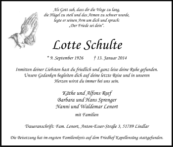 Anzeige von Schulte Lotte von Kölner Stadt-Anzeiger / Kölnische Rundschau / Express
